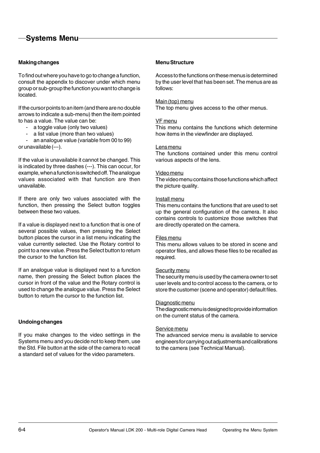 RCA LDK 200 manual Making changes, Undoing changes, Menu Structure 