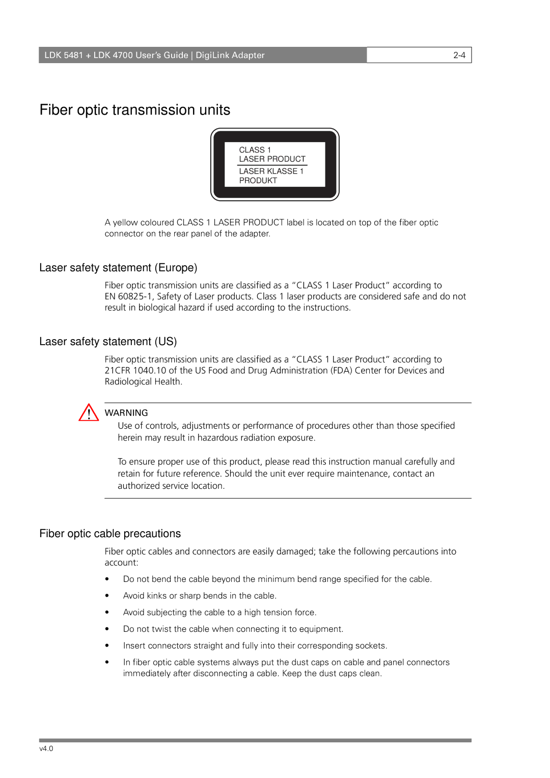 RCA LDK 5481, LDK 4700 manual Fiber optic transmission units, Laser safety statement Europe, Laser safety statement US 