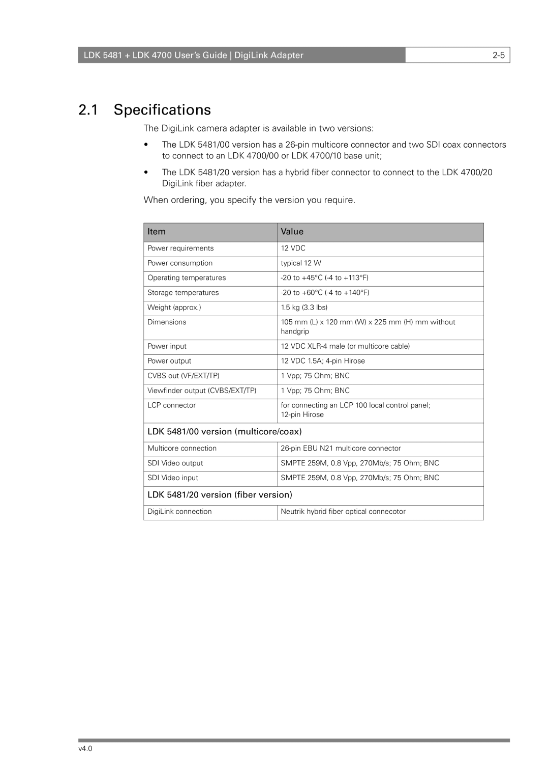 RCA LDK 4700 manual Specifications, LDK 5481/00 version multicore/coax, LDK 5481/20 version fiber version 