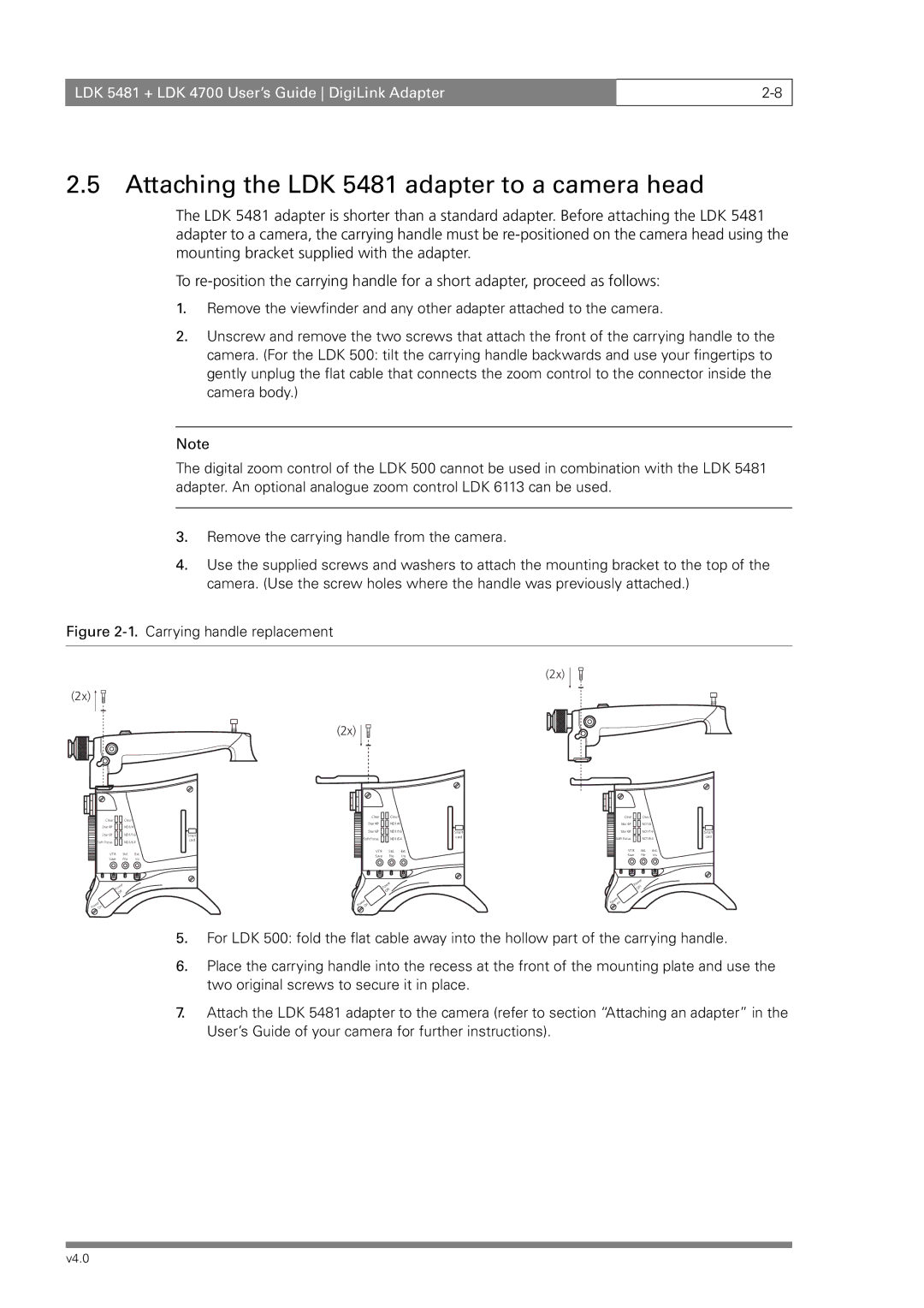 RCA LDK 4700 manual Attaching the LDK 5481 adapter to a camera head, Carrying handle replacement 