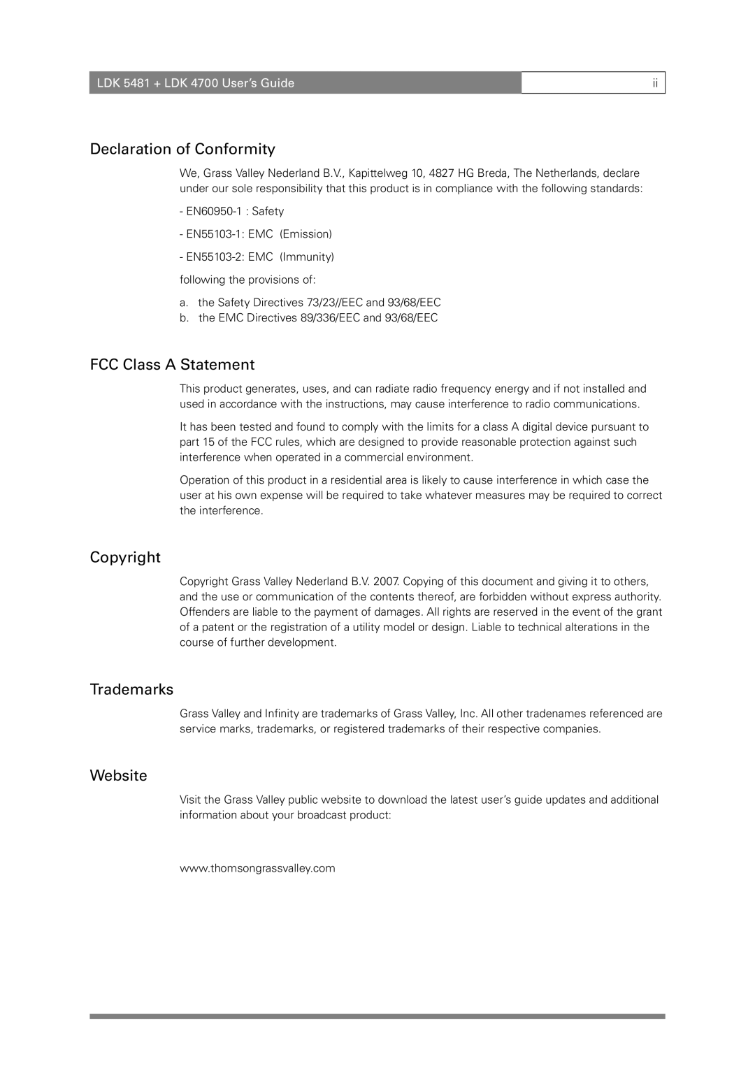 RCA LDK 5481, LDK 4700 manual Declaration of Conformity, FCC Class a Statement, Copyright, Trademarks, Website 