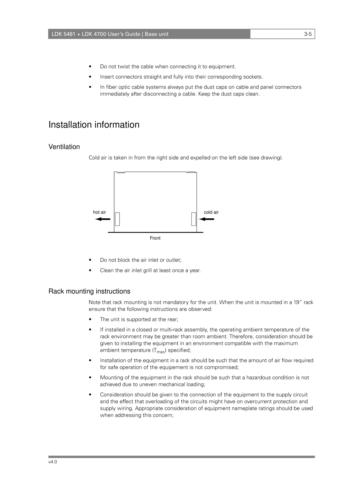 RCA LDK 4700, LDK 5481 manual Installation information, Ventilation, Rack mounting instructions 