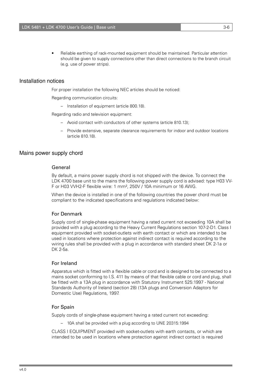 RCA LDK 5481, LDK 4700 manual Installation notices, Mains power supply chord 