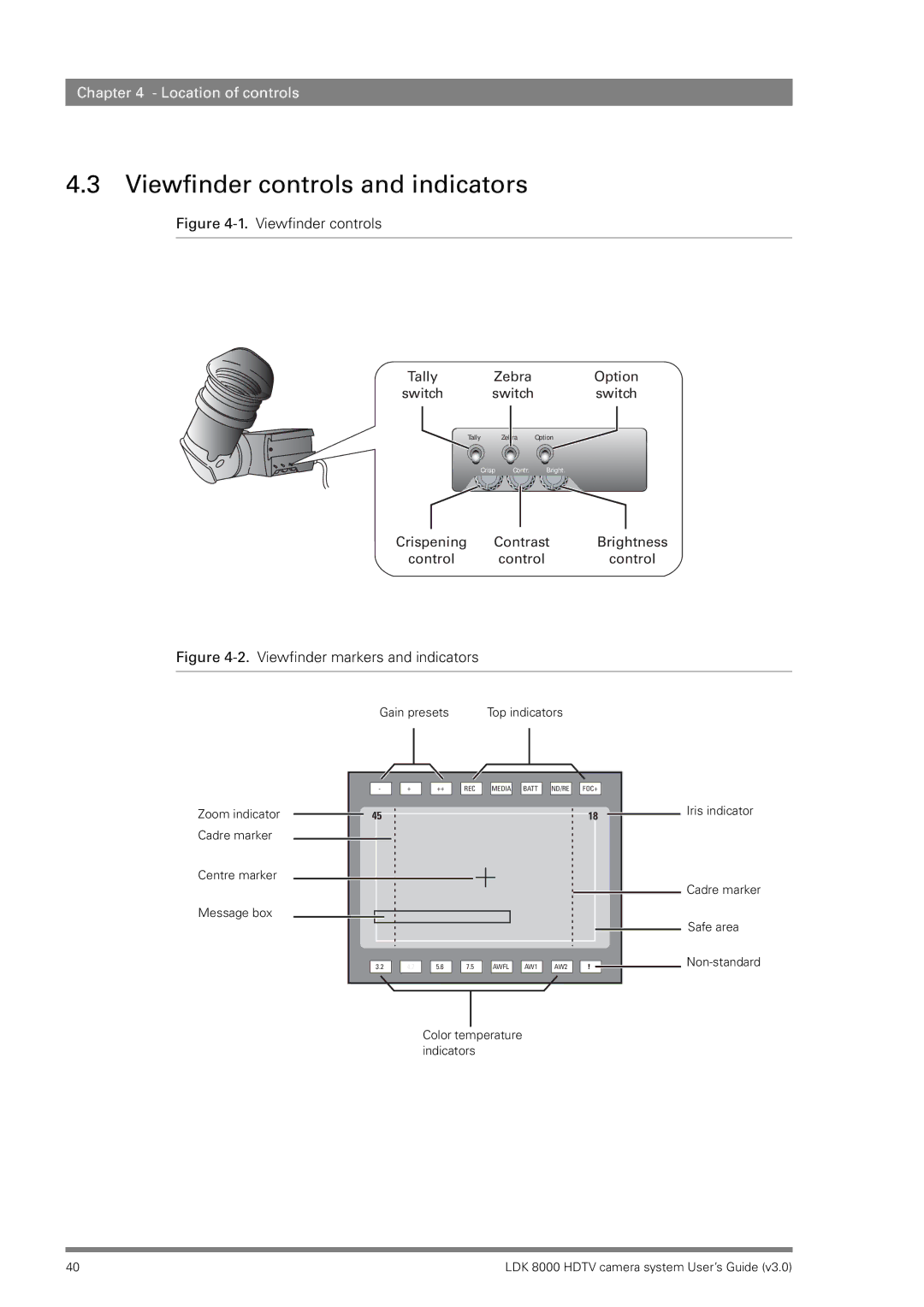 RCA LDK 8000 manual Viewfinder controls and indicators 