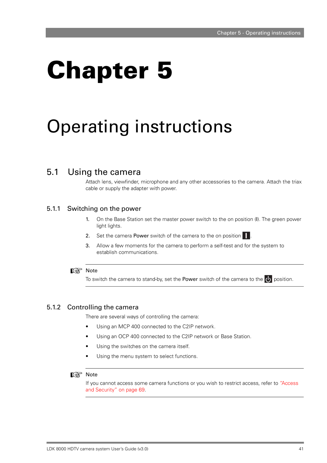 RCA LDK 8000 manual Operating instructions, Using the camera, Switching on the power, Controlling the camera 