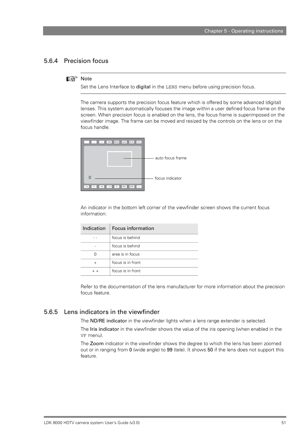 RCA LDK 8000 manual Precision focus, Lens indicators in the viewfinder 