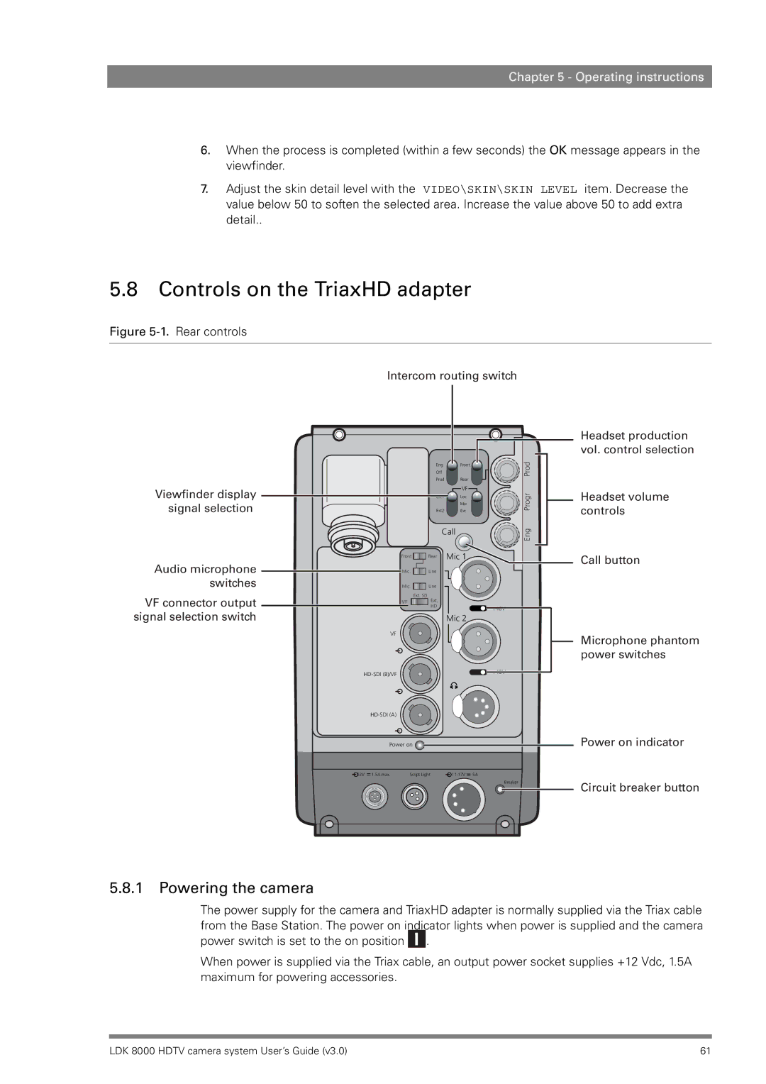 RCA LDK 8000 manual Controls on the TriaxHD adapter, Powering the camera 