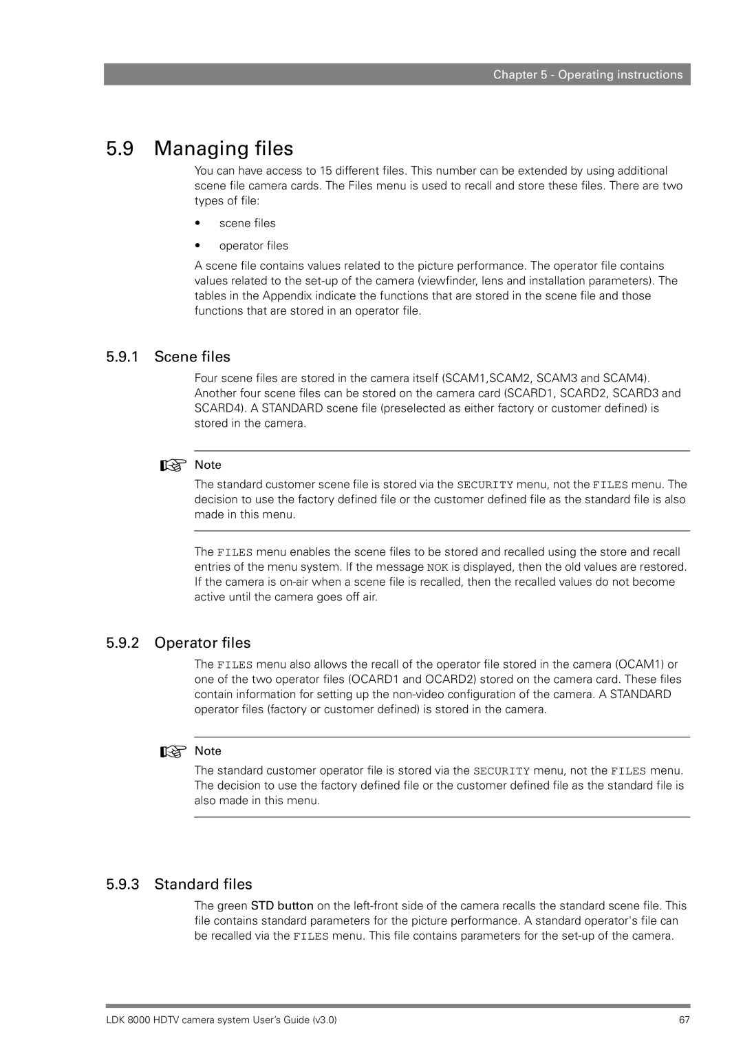 RCA LDK 8000 manual Managing files, Scene files, Operator files, Standard files 