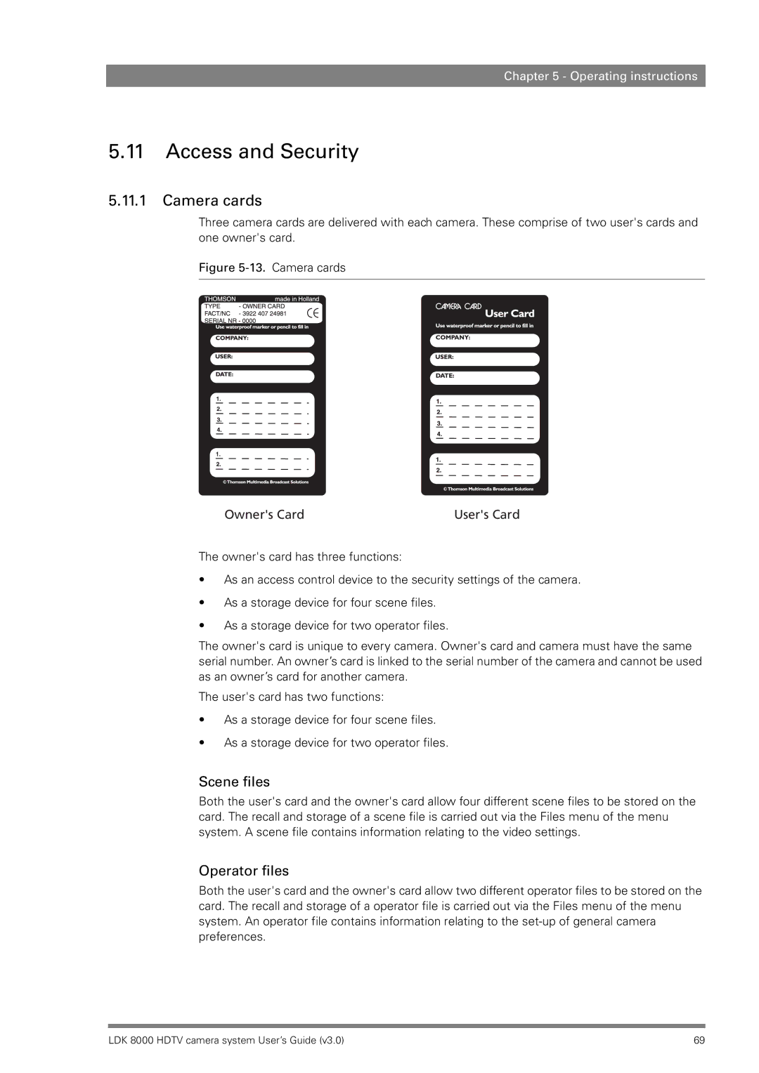 RCA LDK 8000 manual Access and Security, Camera cards, Scene files, Operator files 