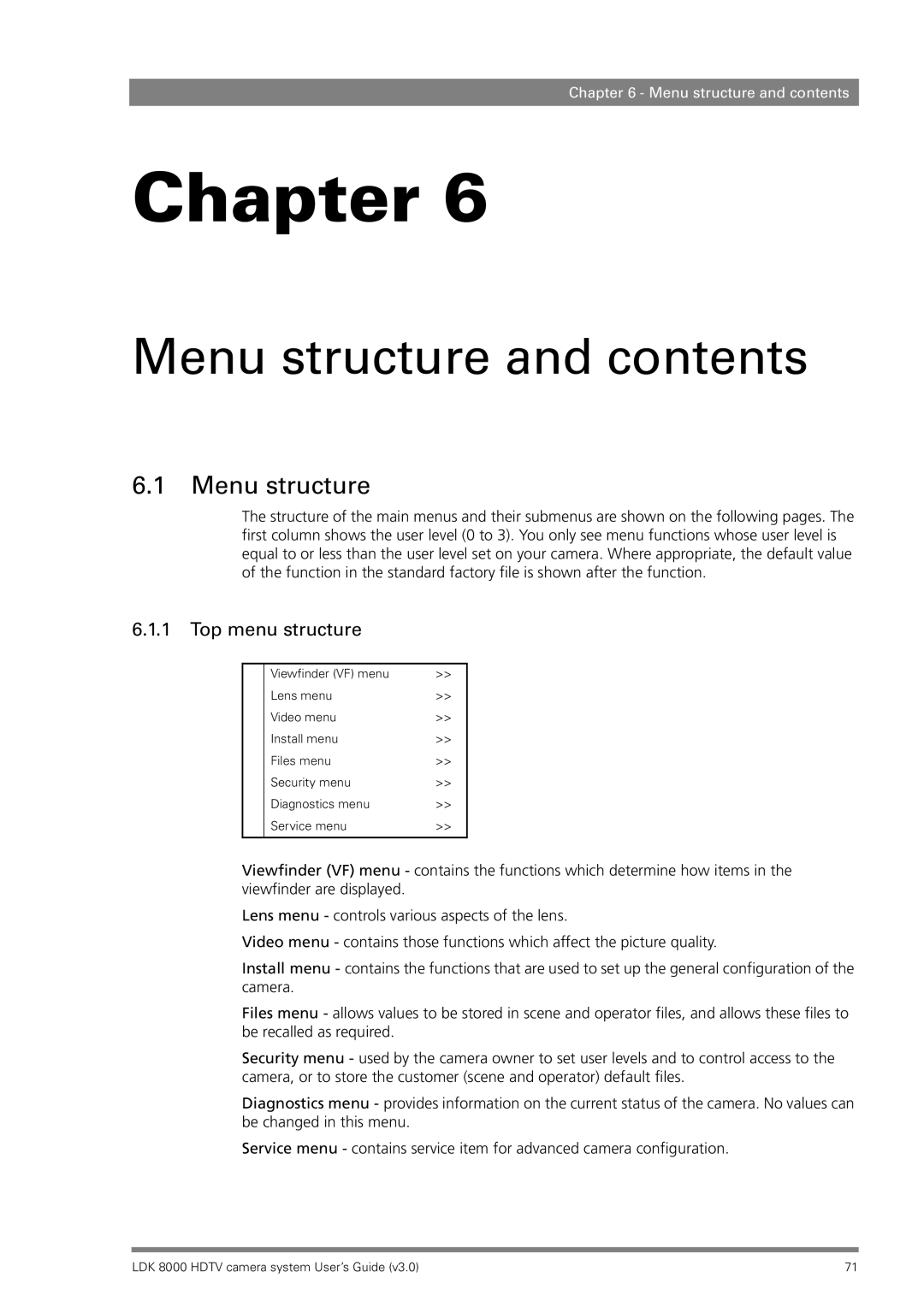 RCA LDK 8000 manual Menu structure and contents 