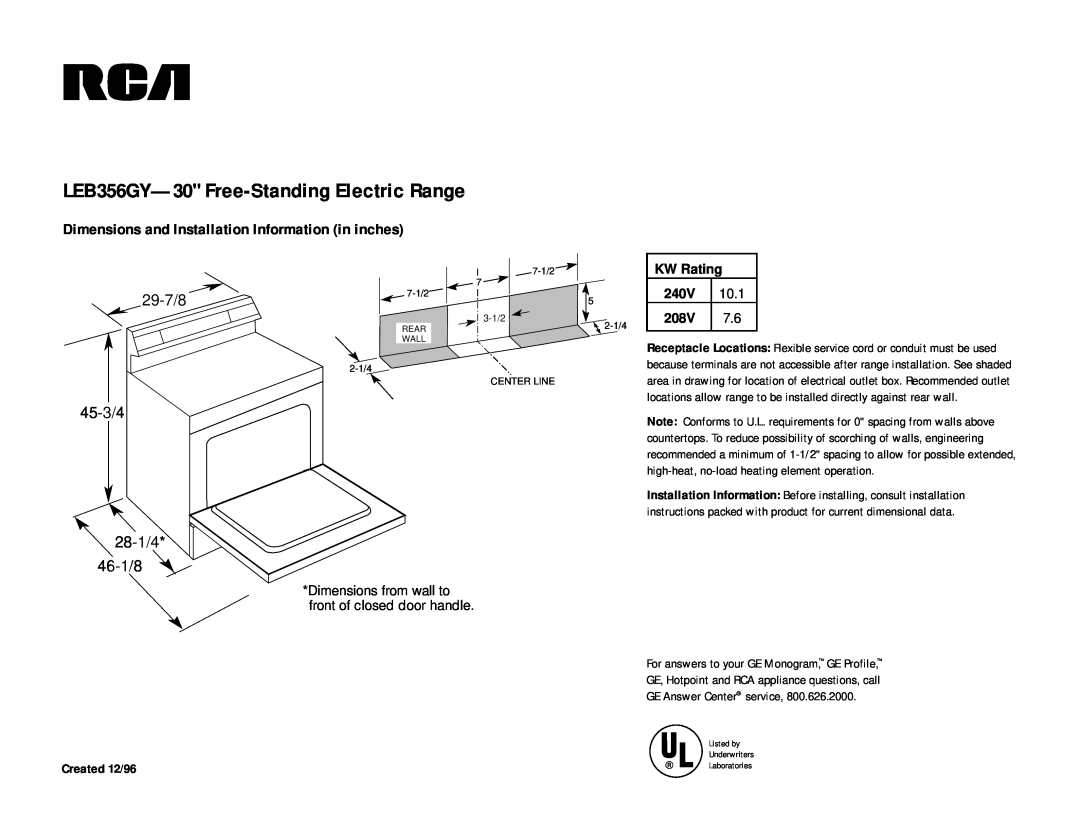 RCA LEB356WY dimensions LEB356GY-30 Free-Standing Electric Range, Dimensions and Installation Information in inches, 240V 