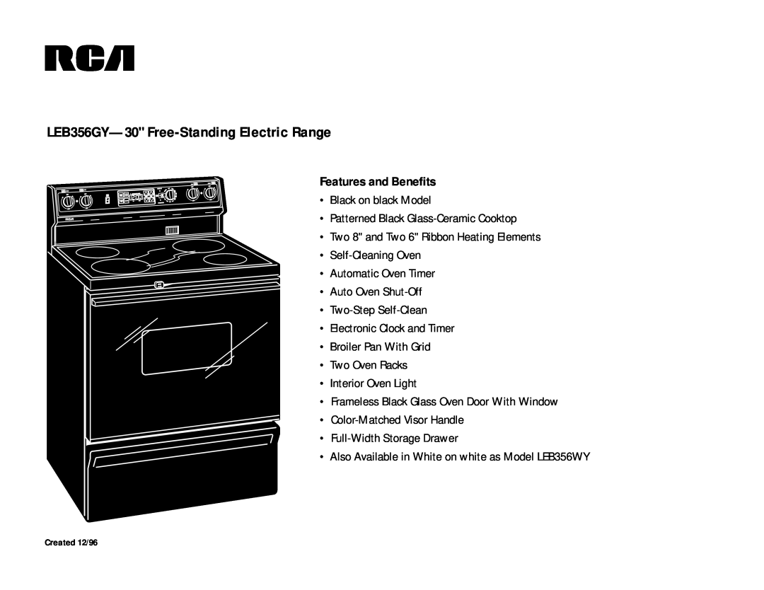 RCA LEB356WY dimensions LEB356GY-30 Free-Standing Electric Range, Features and Benefits 