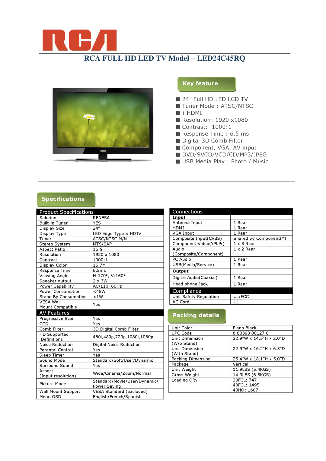 RCA LED24C45RQ manual Key feature, Specifications, Packing details 