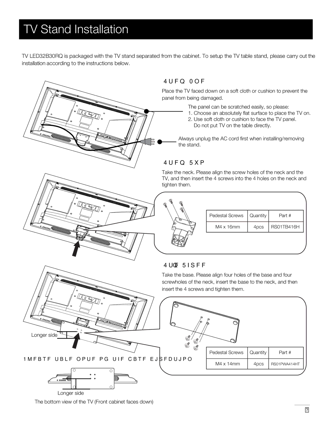 RCA LED32B30RQ warranty TV Stand Installation, Step One, Step Two, Step Three 