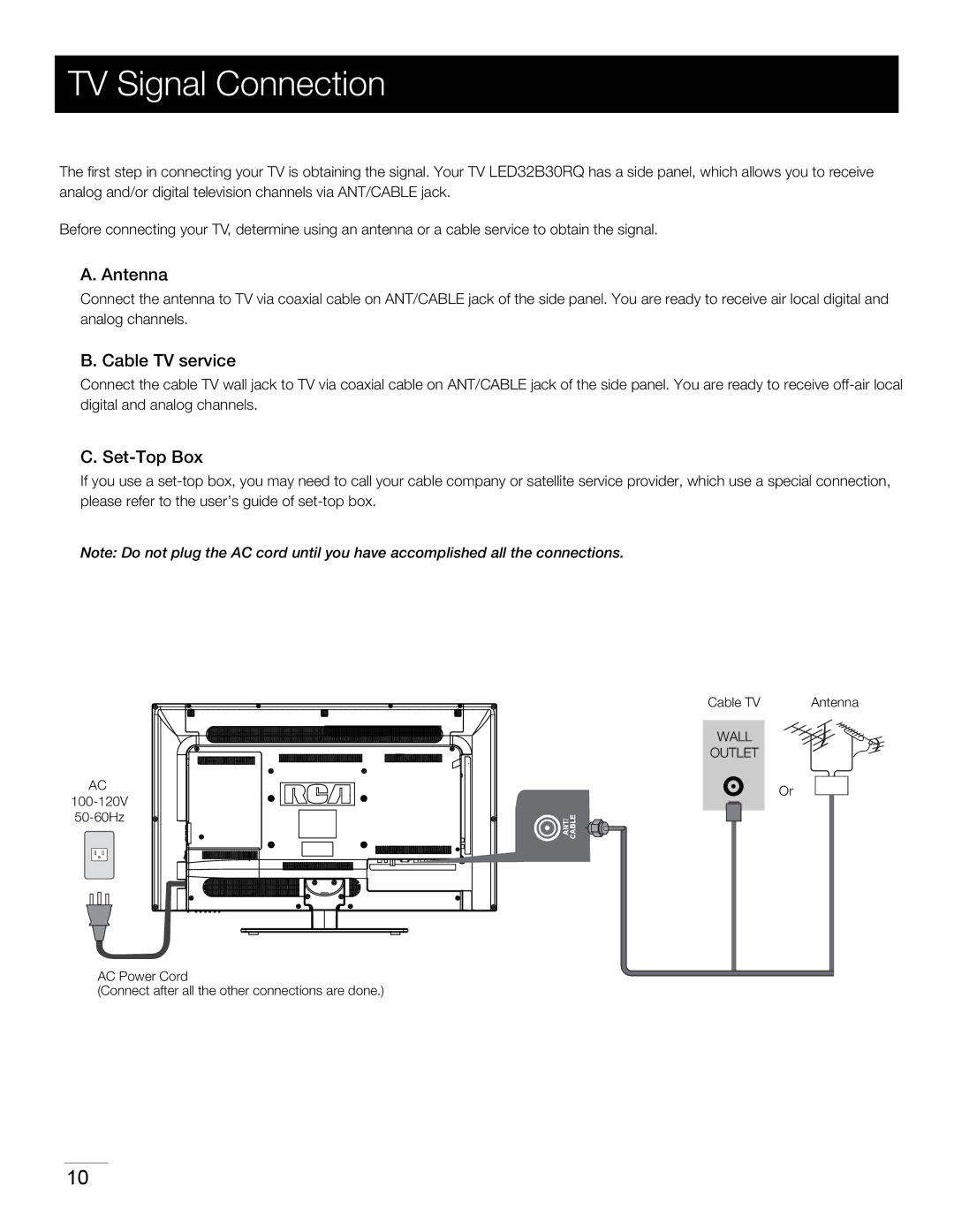 RCA LED32B30RQ warranty TV Signal Connection, Antenna, Cable TV service, Set-Top Box 