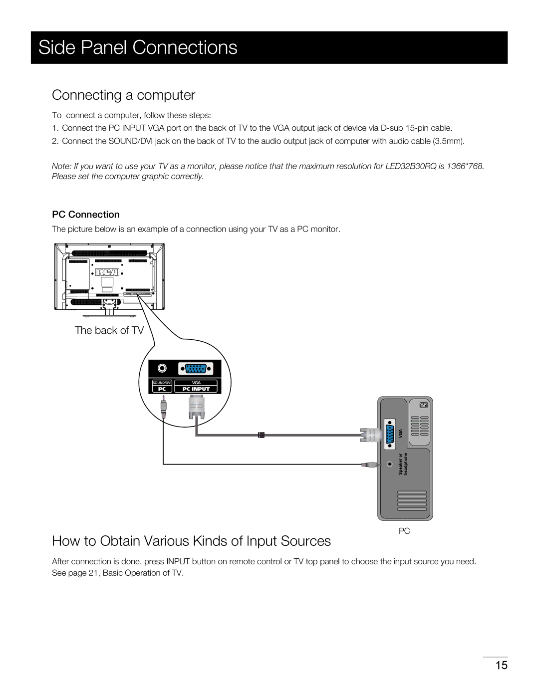 RCA LED32B30RQ warranty Connecting a computer, How to Obtain Various Kinds of Input Sources, PC Connection 