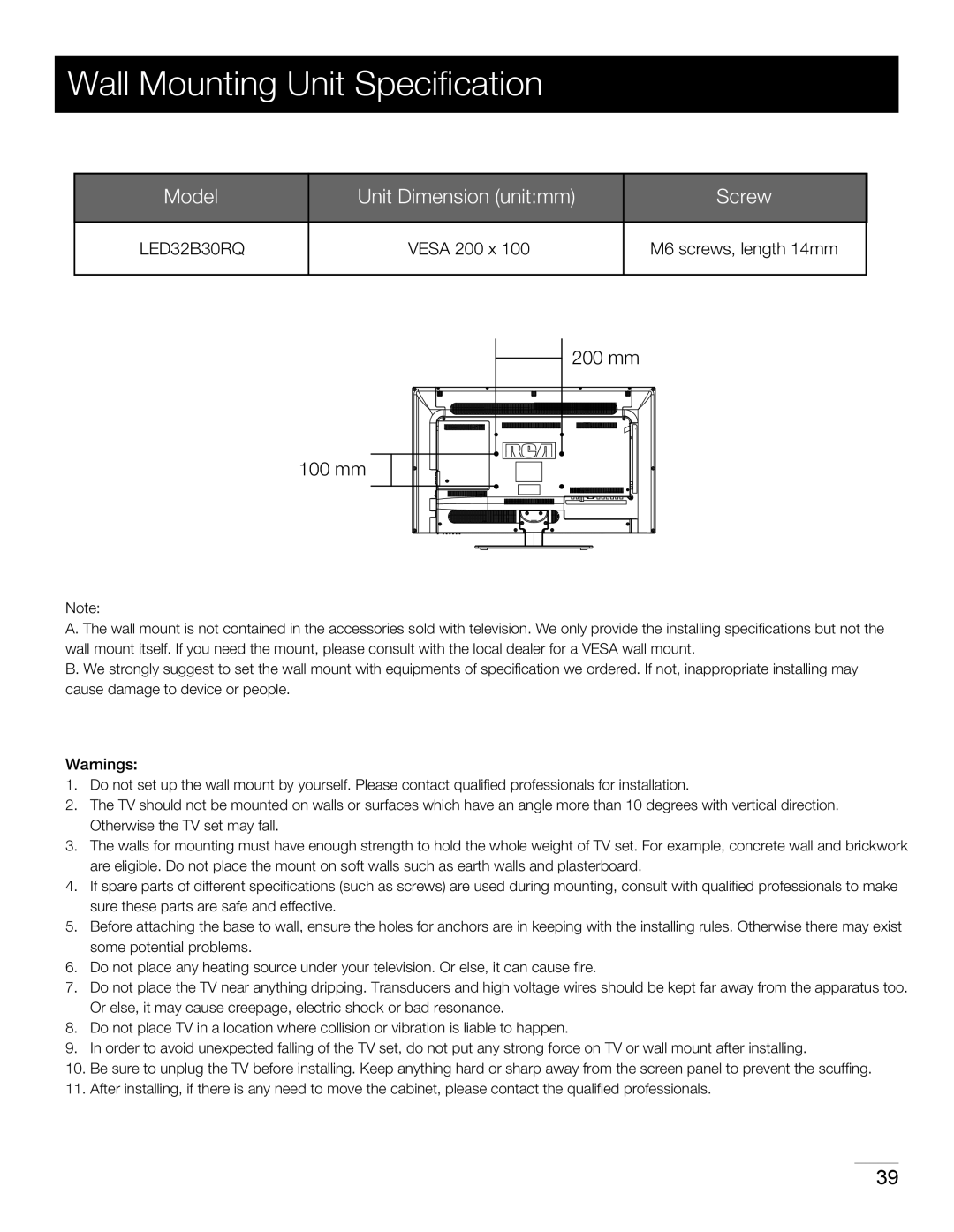 RCA LED32B30RQ warranty Wall Mounting Unit Speciﬁcation, M6 screws, length 14mm 