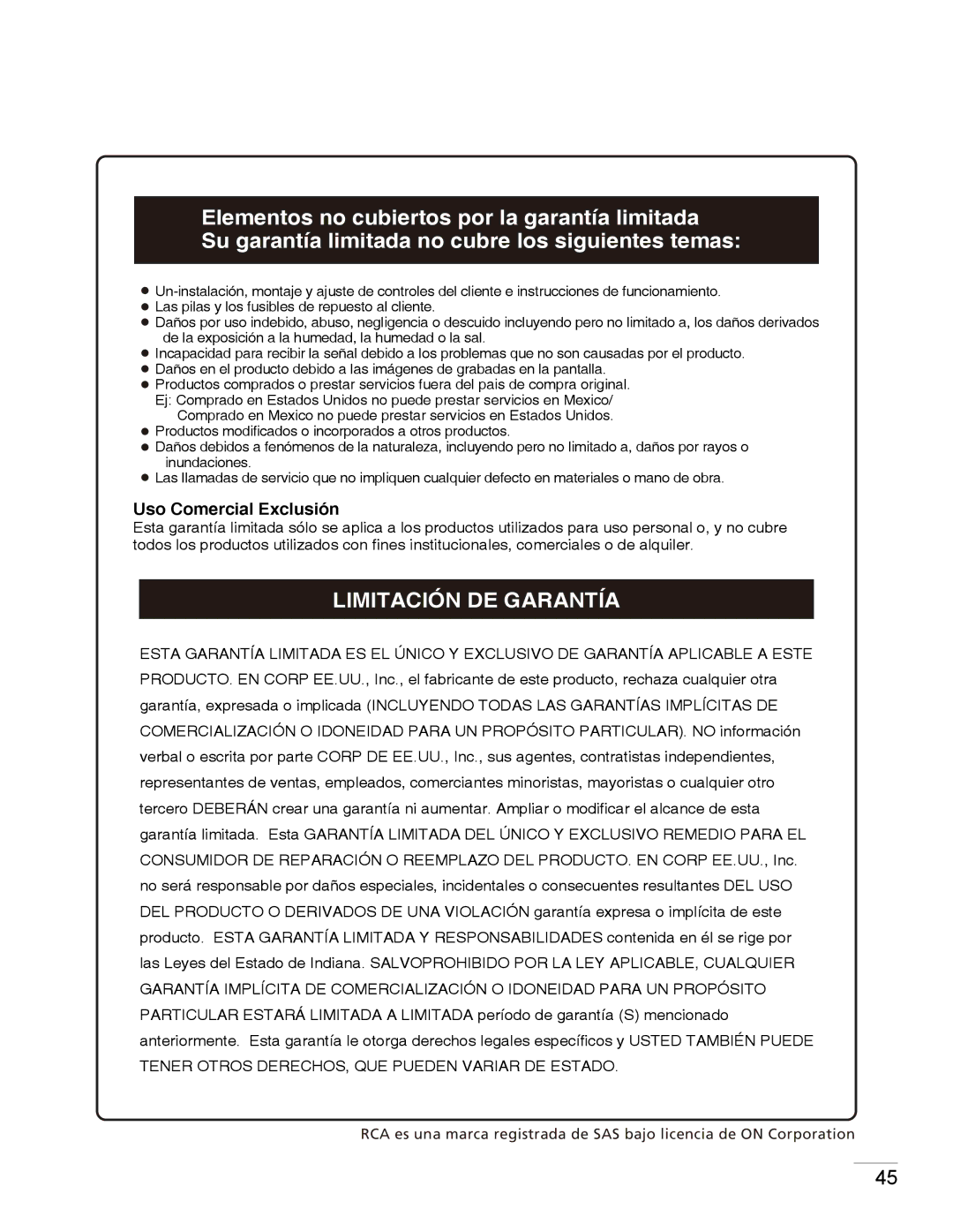 RCA LED32B30RQ warranty Limitación DE Garantía 