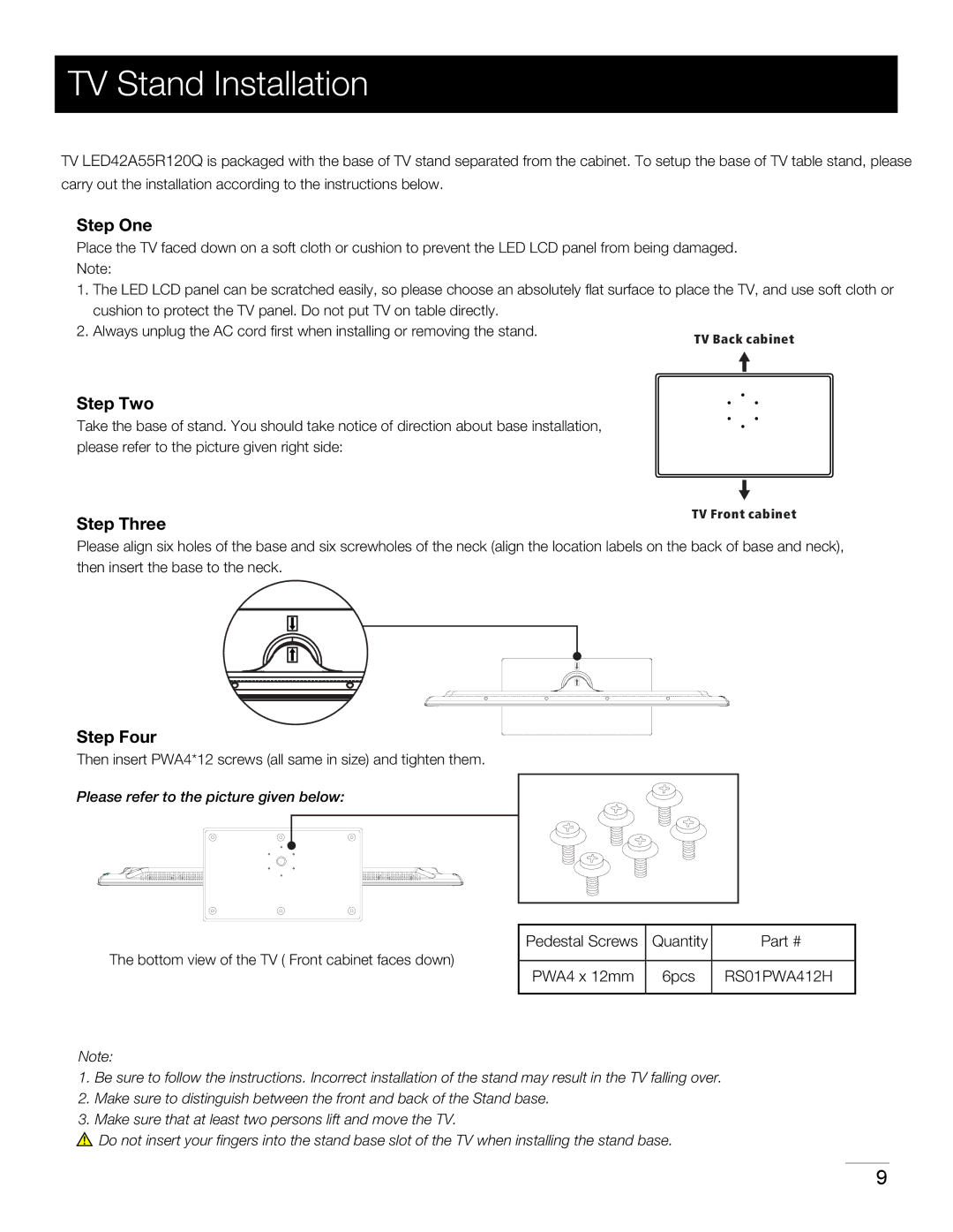 RCA LED42A55R120Q warranty TV Stand Installation, Step One 