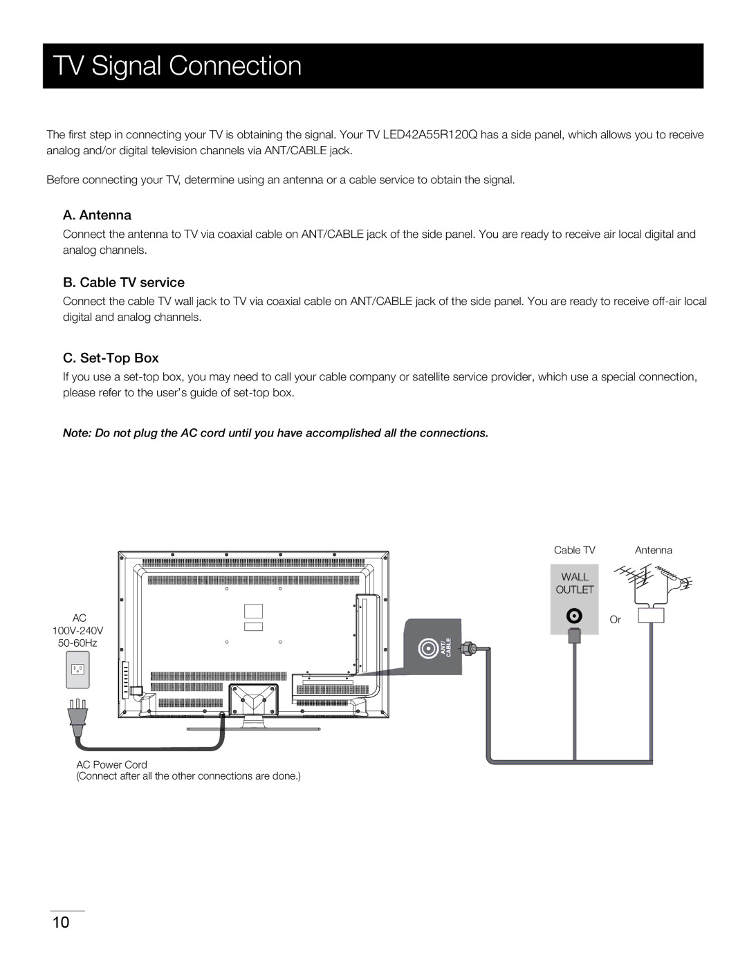 RCA LED42A55R120Q warranty TV Signal Connection, Antenna, Cable TV service, Set-Top Box 