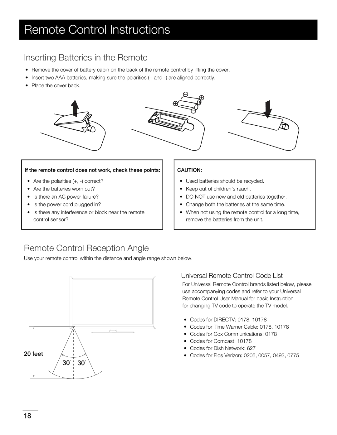 RCA LED42A55R120Q Remote Control Instructions, Inserting Batteries in the Remote, Remote Control Reception Angle, Feet 