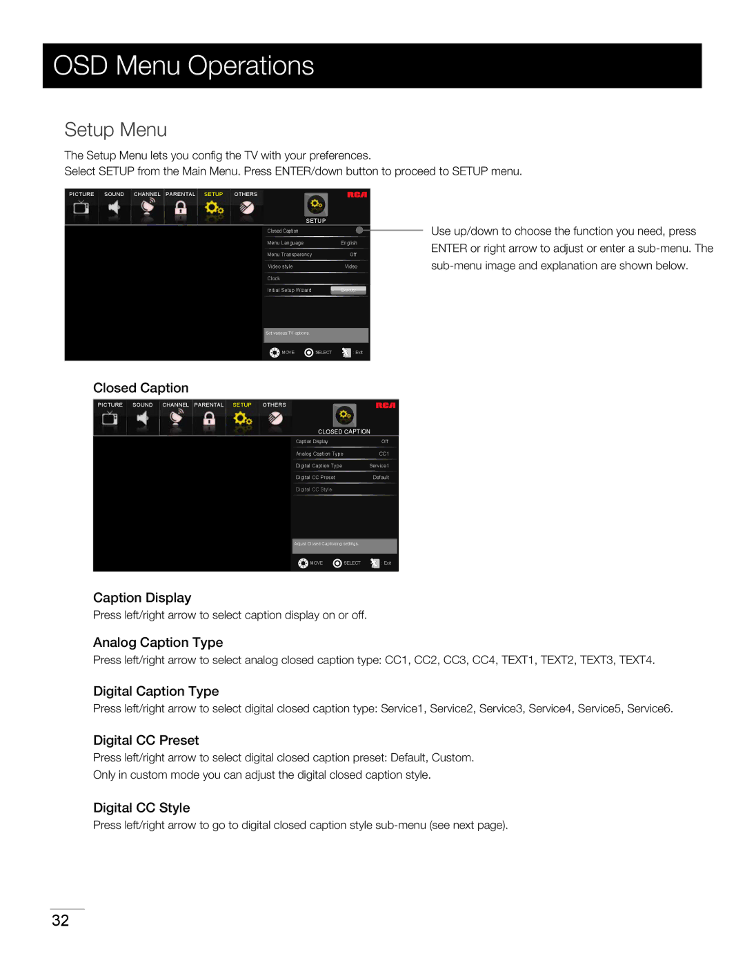 RCA LED42A55R120Q warranty Setup Menu 