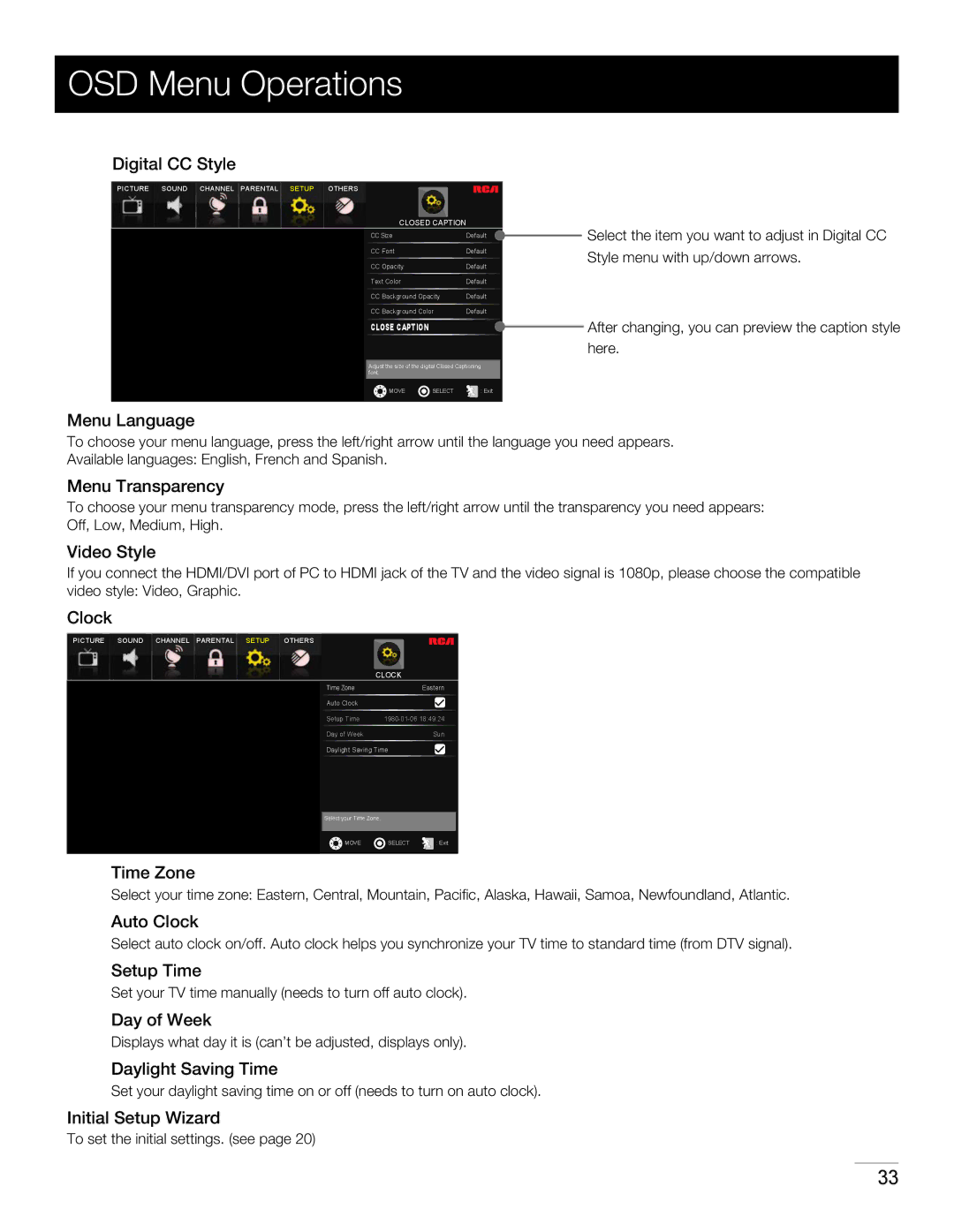RCA LED42A55R120Q Menu Language, Menu Transparency, Video Style, Time Zone, Auto Clock, Setup Time, Day of Week 