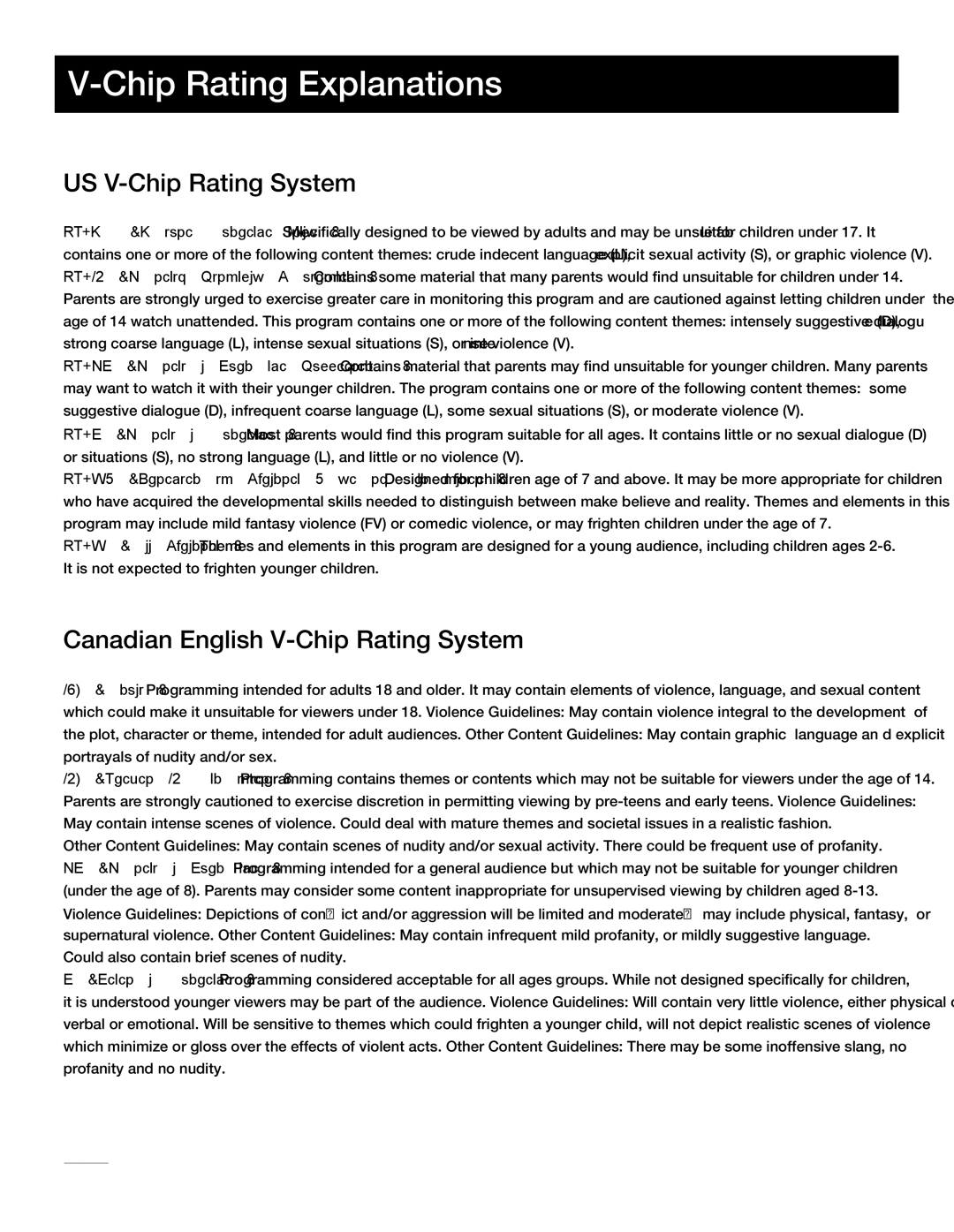 RCA LED42A55R120Q warranty Chip Rating Explanations, US V-Chip Rating System, Canadian English V-Chip Rating System 