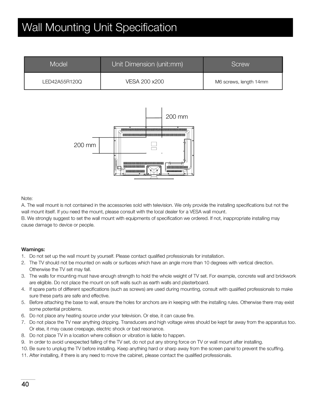 RCA LED42A55R120Q warranty Wall Mounting Unit Speciﬁcation, Screw 