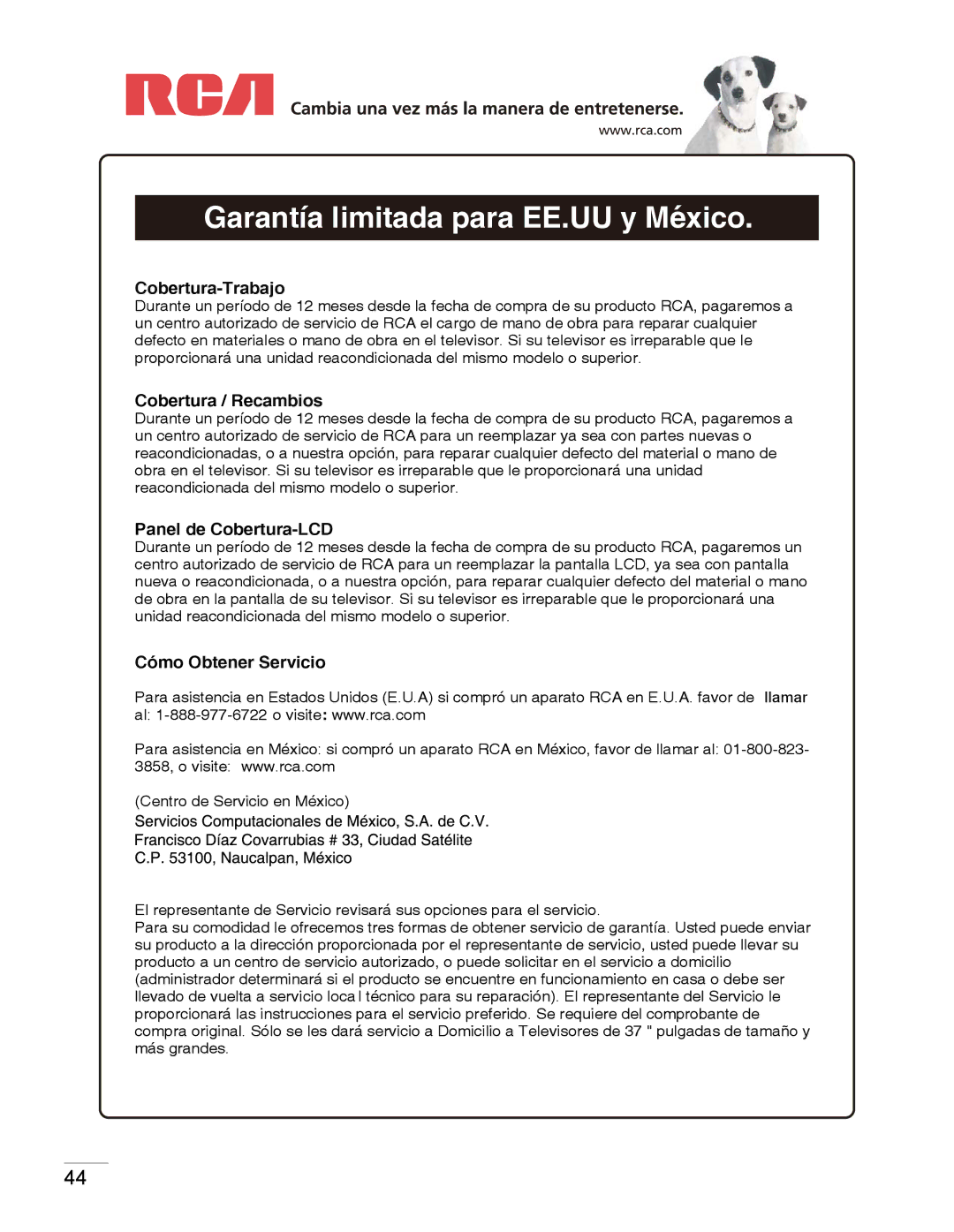 RCA LED42A55R120Q warranty Garantía limitada para EE.UU y Mexico 