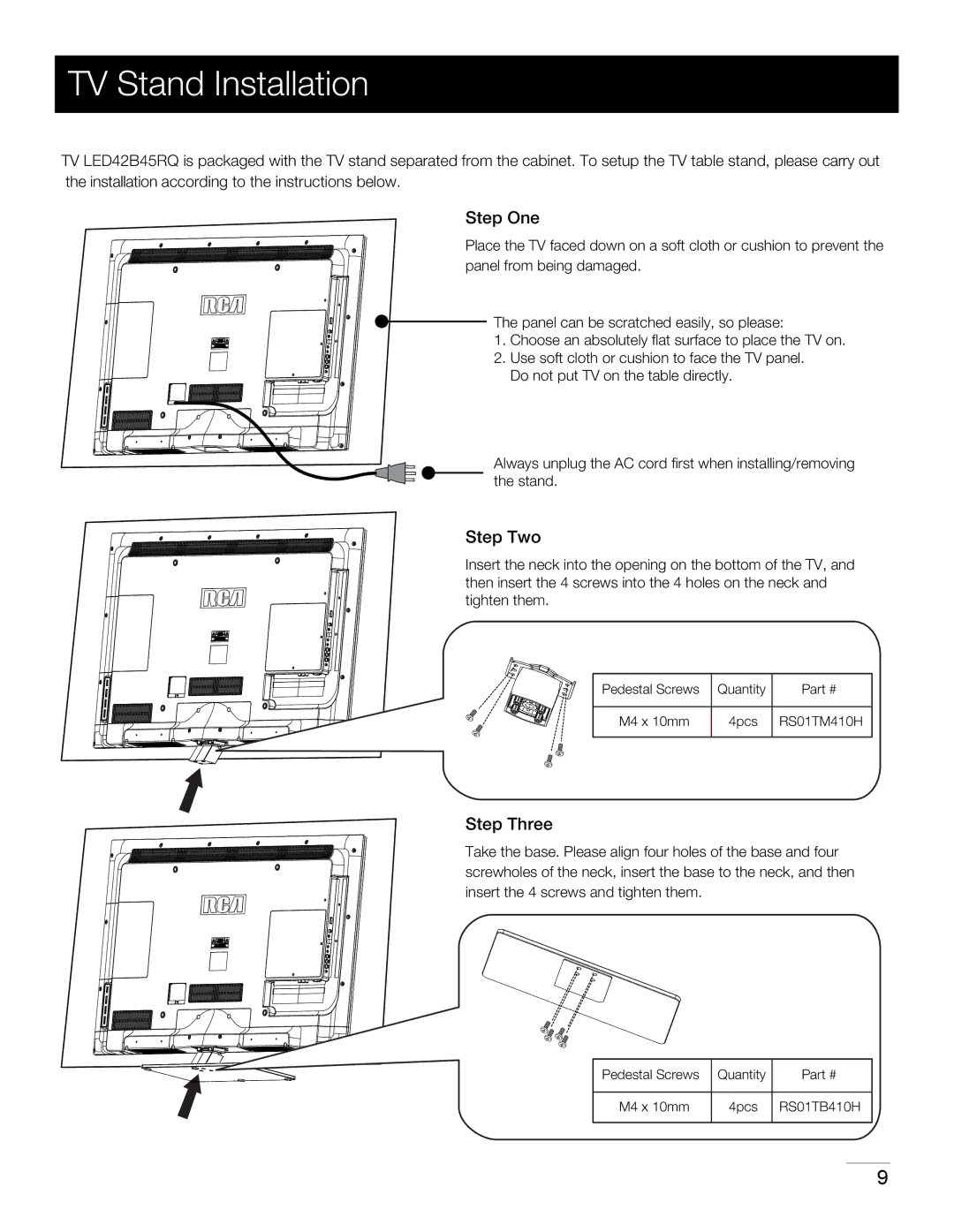 RCA LED42B45RQ warranty TV Stand Installation, Step One, Step Two, Step Three 