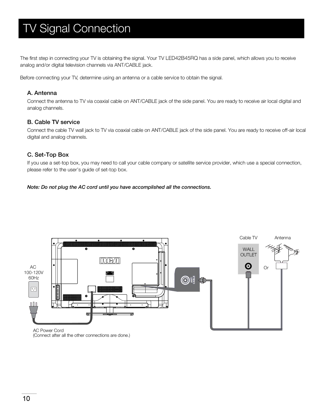 RCA LED42B45RQ warranty TV Signal Connection, Antenna, Cable TV service, Set-Top Box 