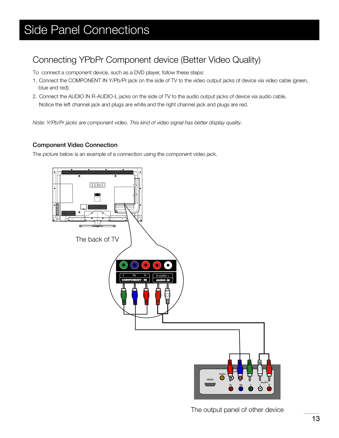 RCA LED42B45RQ warranty Connecting YPbPr Component device Better Video Quality, Component Video Connection 