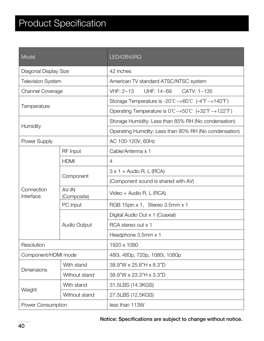 RCA LED42B45RQ warranty Product Speciﬁcation, Television System 