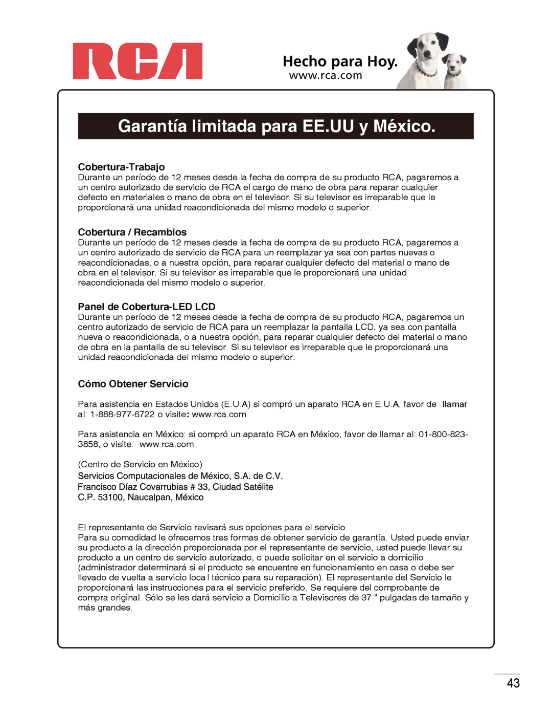 RCA LED42B45RQ warranty Garantía limitada para EE.UU y Mexico 