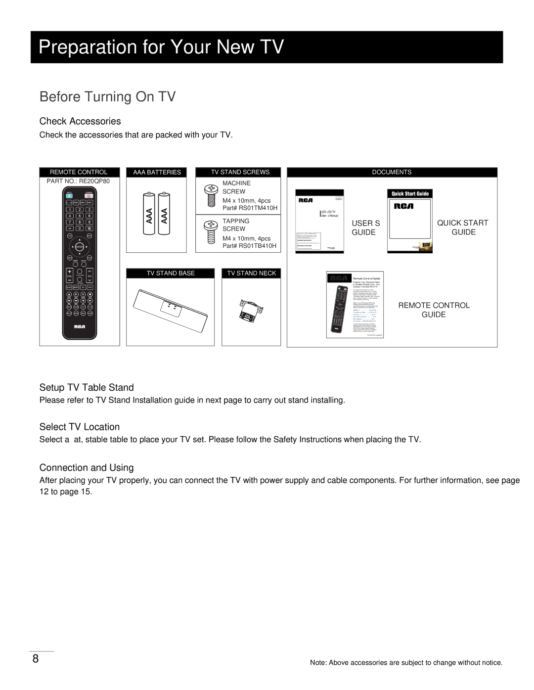 RCA LED42B45RQ warranty Preparation for Your New TV, Before Turning On TV 