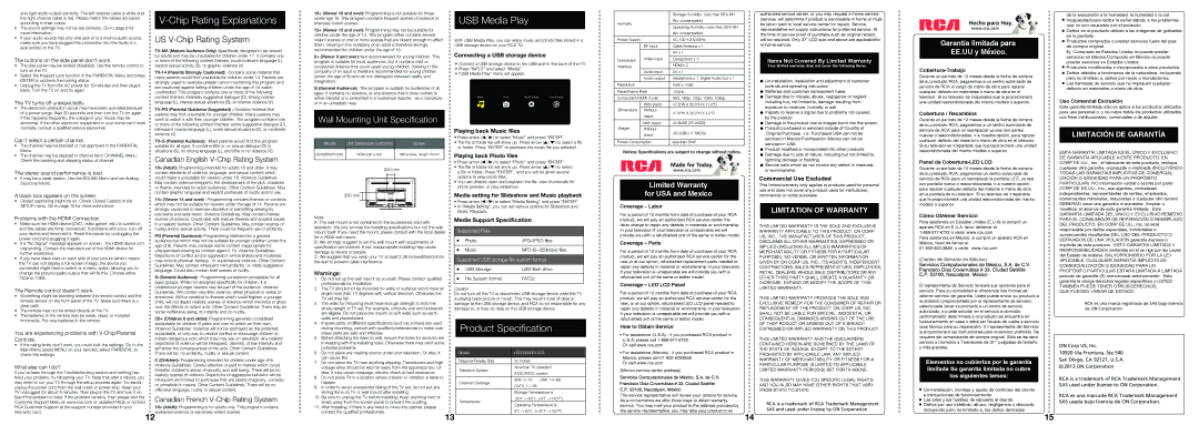 RCA LED52B45RQ warranty Canadian English V-Chip Rating System, Canadian French V-Chip Rating System 