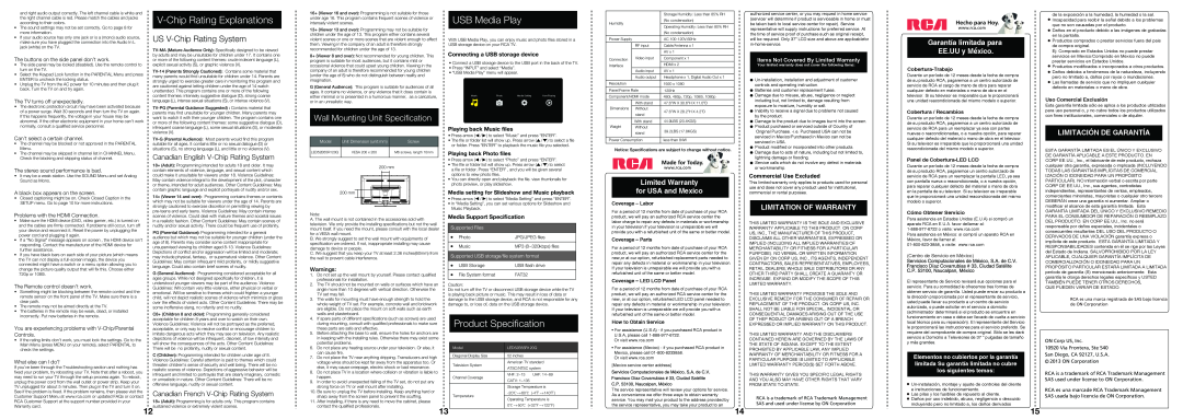 RCA LED52B45RQ V-Chip Rating Explanations, USB Media Play, US V-Chip Rating System, Wall Mounting Unit Speciﬁcation, Photo 