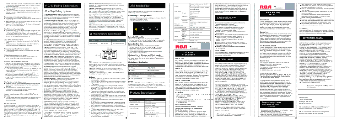 RCA LED55C55R120Q warranty Canadian English V-Chip Rating System, Canadian French V-Chip Rating System 