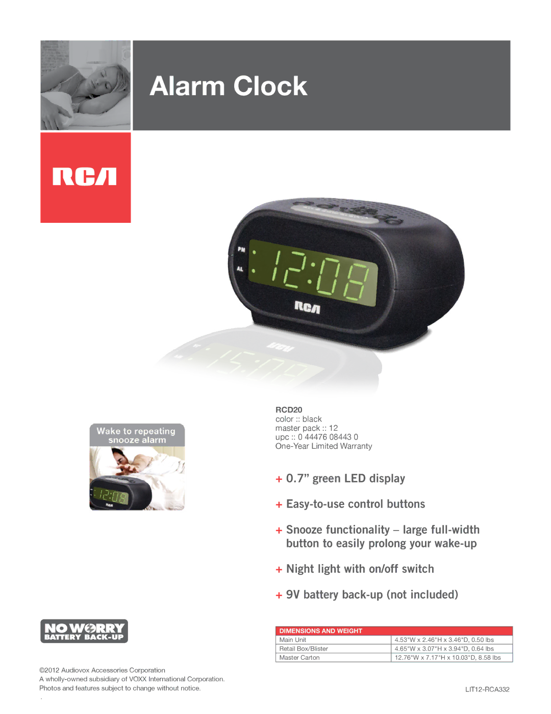 RCA LIT12-RCA332 warranty Alarm Clock, Wake to AM/FM station or alarm, Audiovox Accessories Corporation 