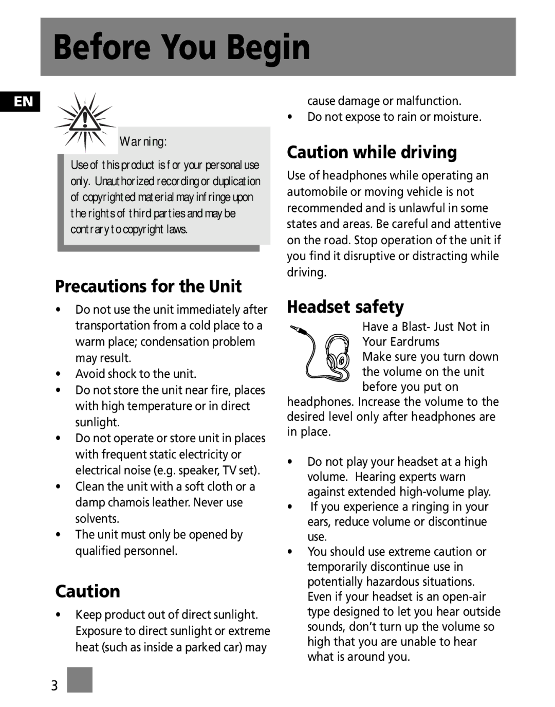 RCA M100256 user manual Precautions for the Unit, Headset safety 