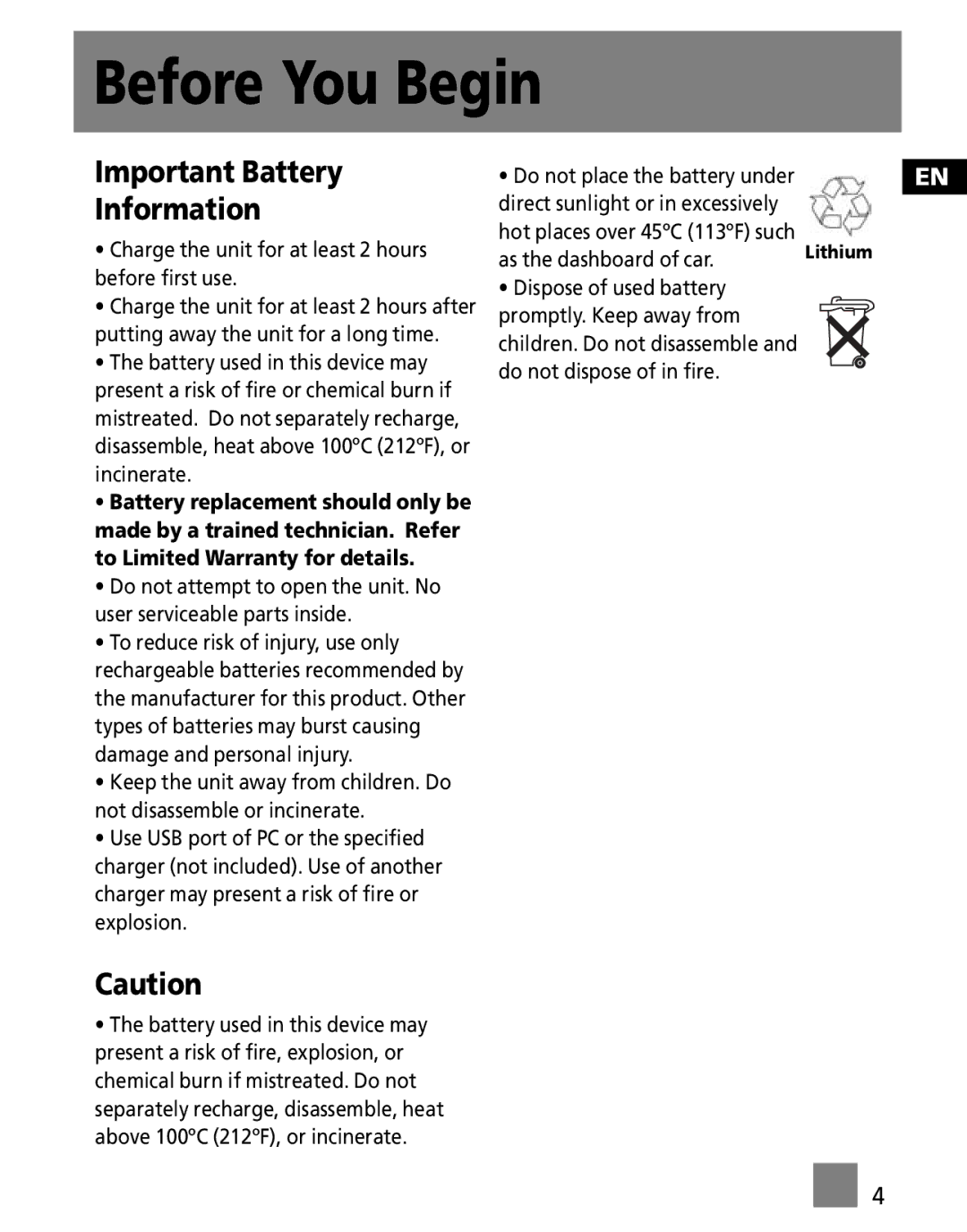 RCA M100256 user manual Important Battery Information 