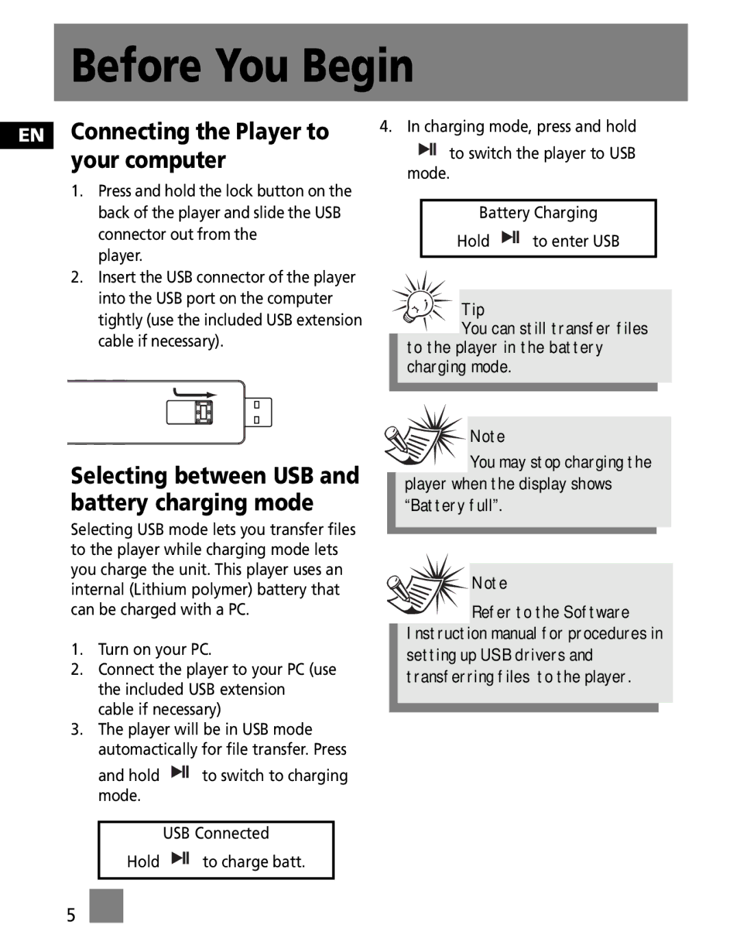 RCA M100256 user manual EN Connecting the Player to your computer, Selecting between USB and battery charging mode 