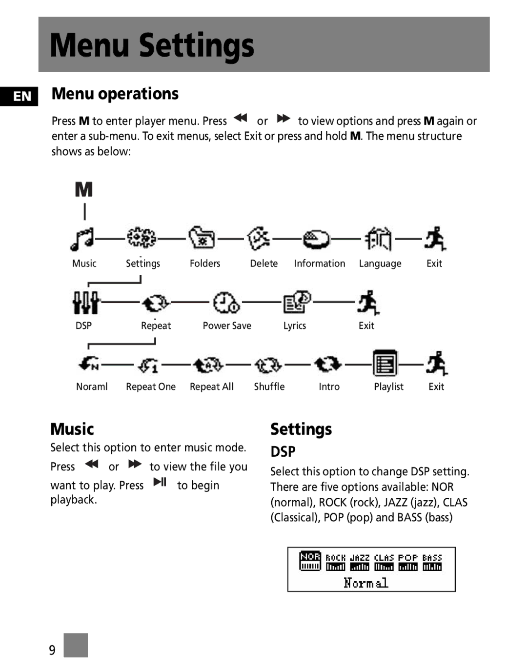 RCA M100256 user manual Menu Settings, EN Menu operations, Music 