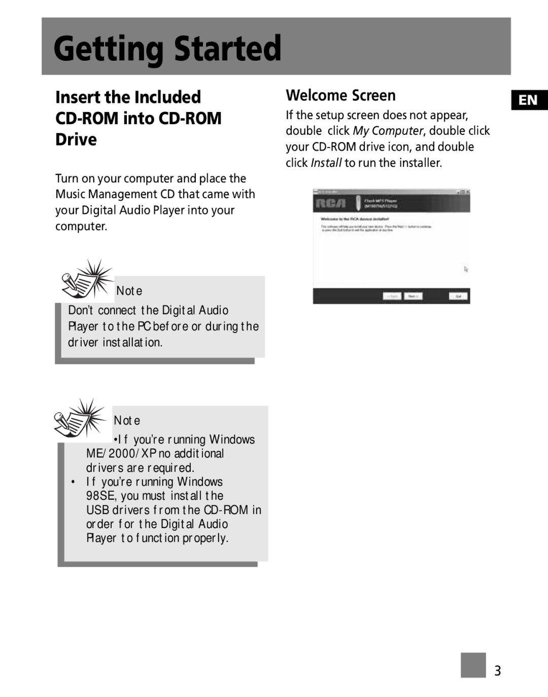 RCA M100256 user manual Getting Started, Insert the Included CD-ROM into CD-ROM Drive 