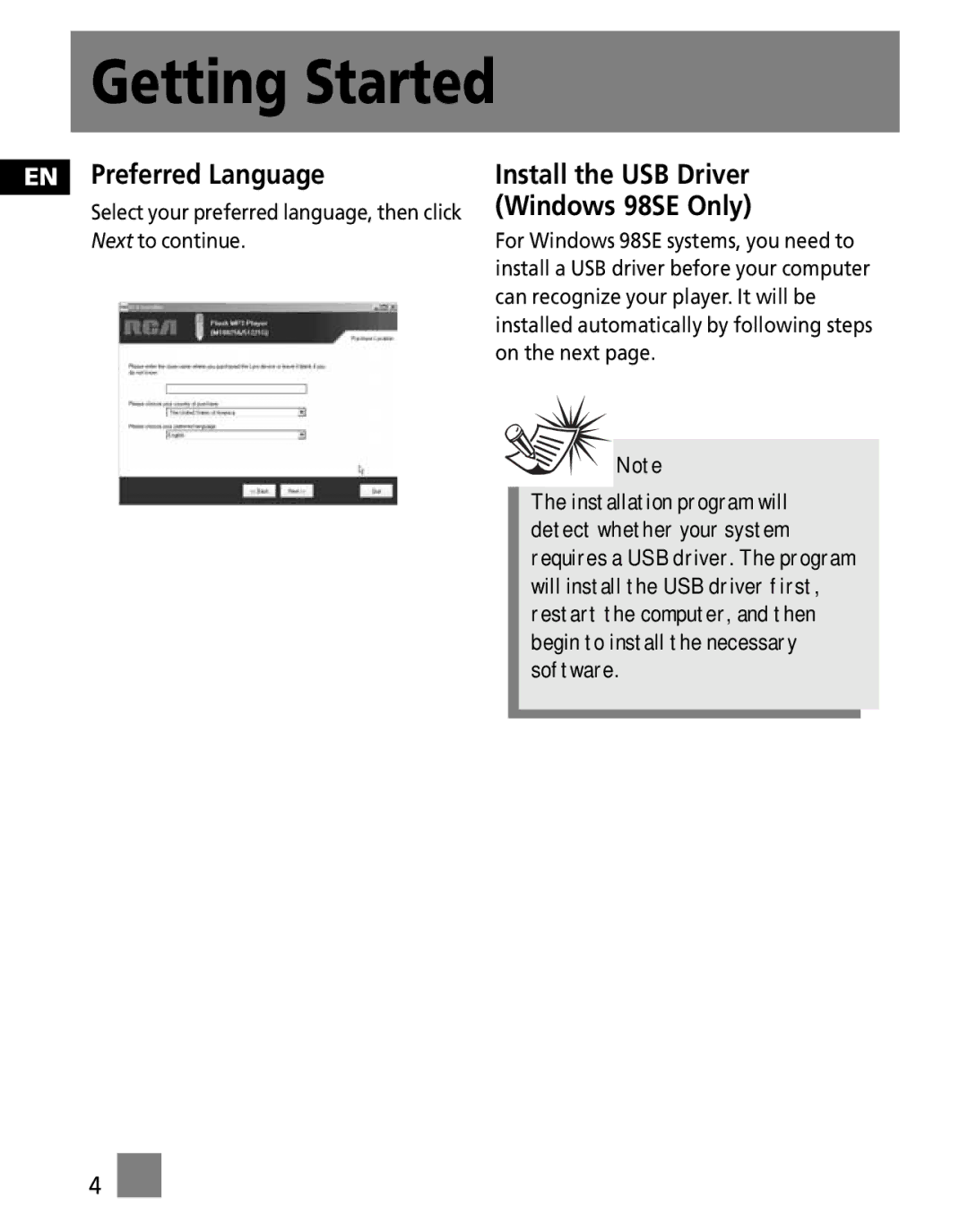 RCA M100256 user manual EN Preferred Language, Install the USB Driver Windows 98SE Only 