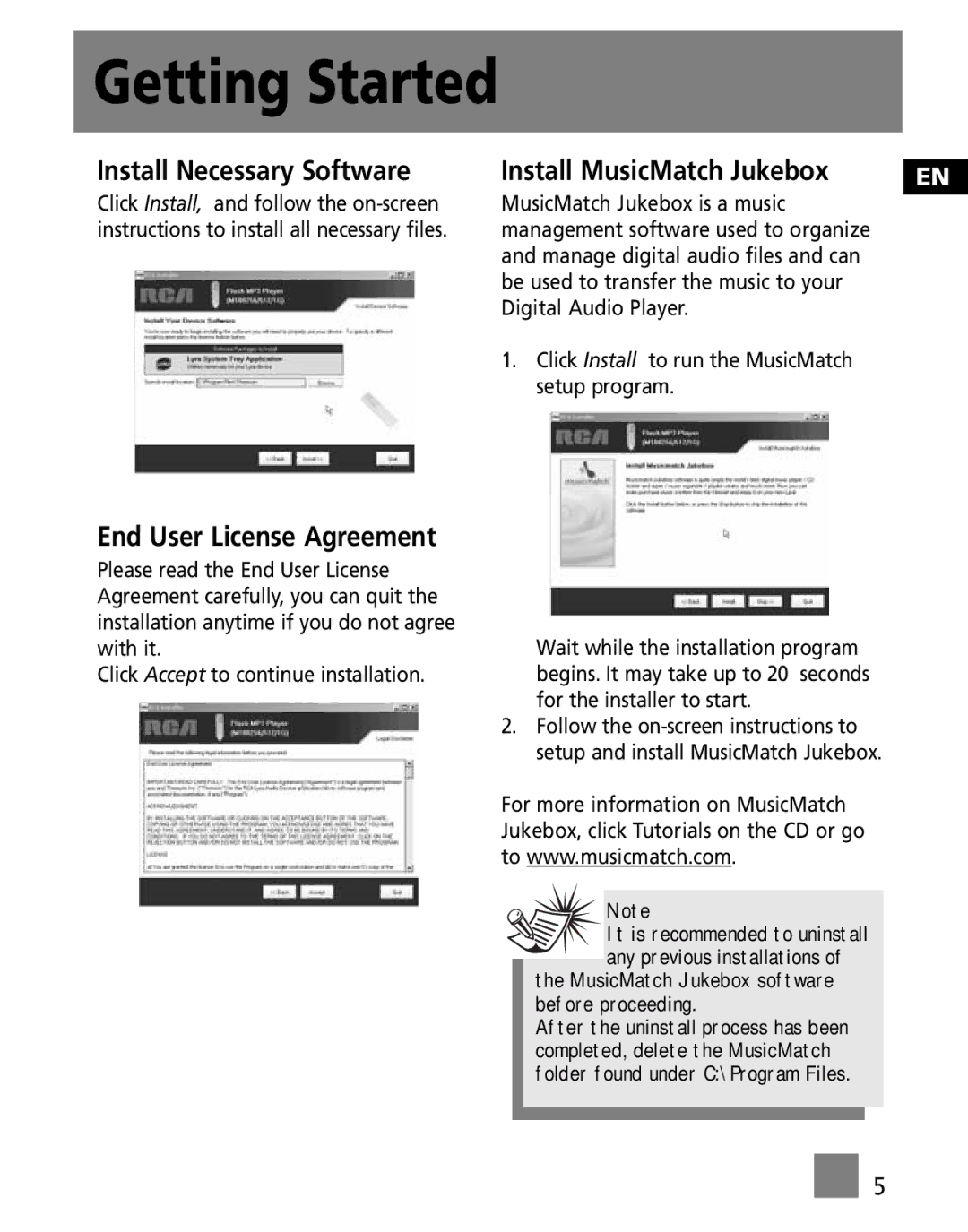 RCA M100256 user manual Install Necessary Software Install MusicMatch Jukebox, End User License Agreement 