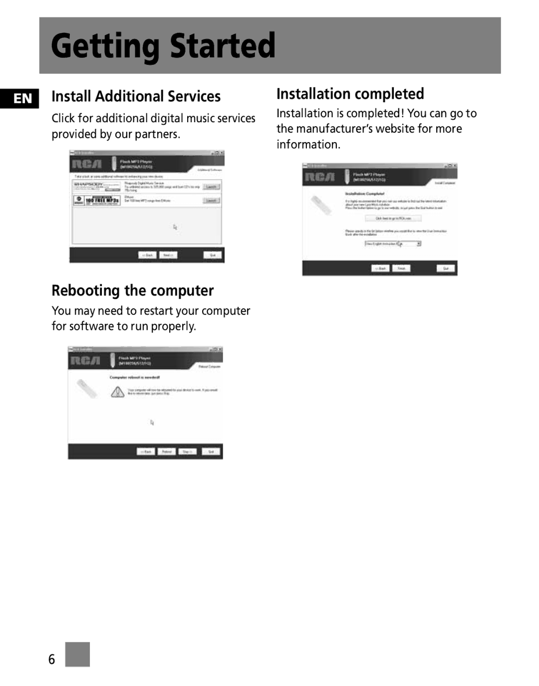 RCA M100256 user manual EN Install Additional Services, Rebooting the computer, Installation completed 