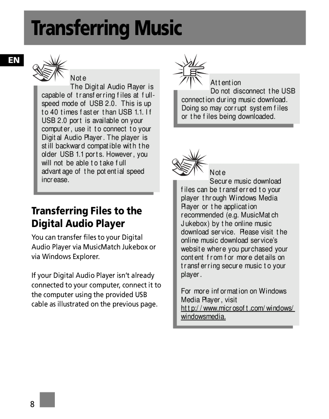 RCA M100256 user manual Transferring Files to Digital Audio Player 