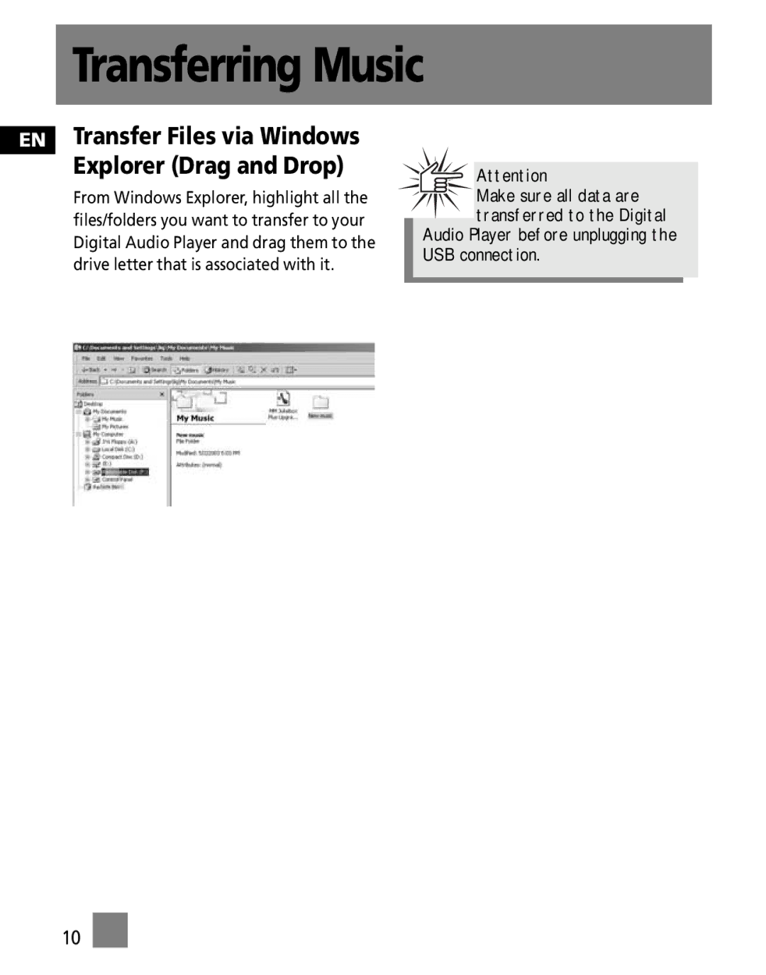 RCA M100256 user manual EN Transfer Files via Windows Explorer Drag and Drop 